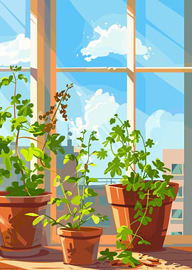 Plants in pots by the window