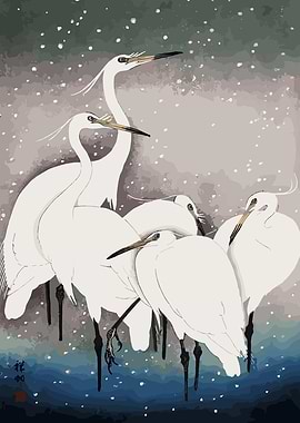 Japanese Art: White Herons in Winter