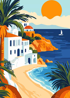 Peaceful Sail by the Mediterranean Coast Minimalist Travel Art Illustration
