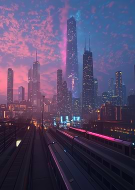 Futuristic Chicago Cityscape with Trains at Night