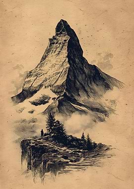 Mountain Peak Sketch with Lone Figure