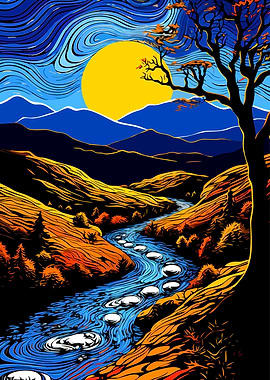 Vibrant Landscape with River and Sun