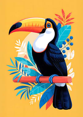 Colorful Toucan Illustration on Yellow Background