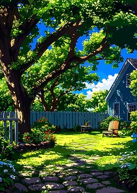 Lush Garden Scene with Blue House
