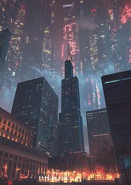 Chicago Night Cityscape with Skyscrapers and Lights