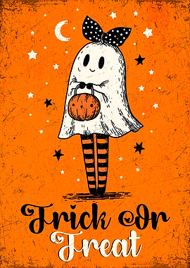 Trick or Treat Halloween Ghost with Pumpkin and Bow