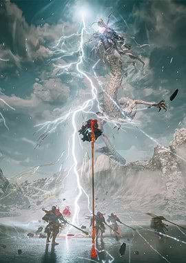 Dragon and Warriors in Stormy Landscape