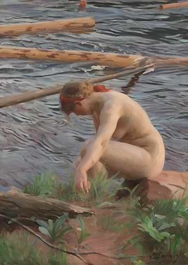 Nude Woman by Water with Logs