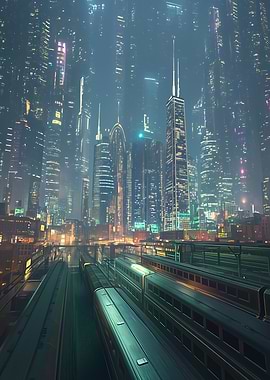 Futuristic Chicago Cityscape with Trains at Night