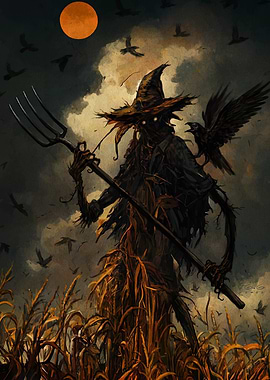 Creepy Scarecrow with Crow in Cornfield