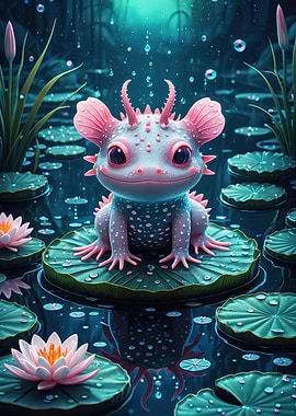 Adorable Pink Axolotl on a Lily Pad — Whimsical Pond Creature Illustration