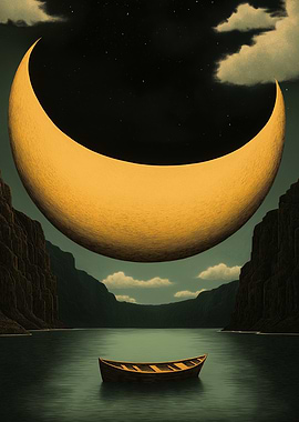 A giant golden moon hovering over a quiet lake
