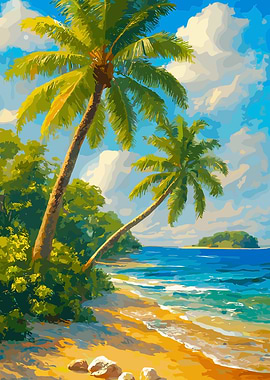 Tropical Beach with Palm Trees Painting
