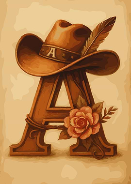 Western Letter A with Cowboy Hat