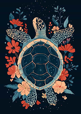 Floral Sea Turtle Illustration on Dark Background