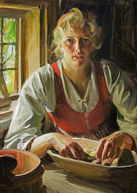 Woman Preparing Food by Window Painting