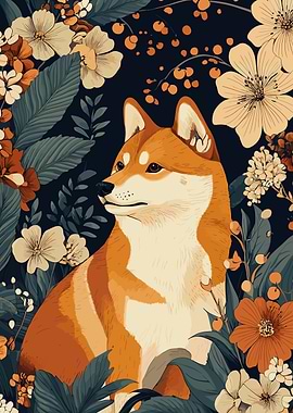 Shiba Inu in Floral Garden