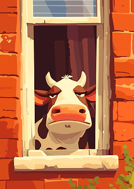 Cartoon Cow Looking Out Window