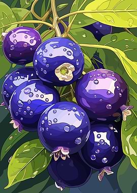 Cartoon Illustration of Blueberries with Water Droplets