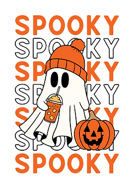 Spooky Ghost with Pumpkin and Drink