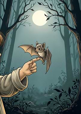 Vintage Halloween Bat on Finger in Forest