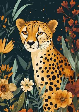 Cheetah in Floral Jungle Illustration