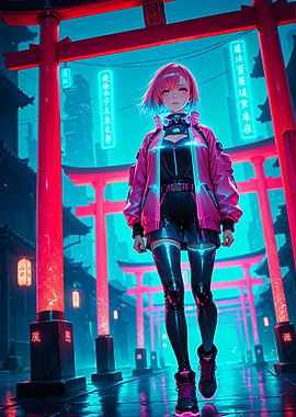 Cyberpunk Girl Torii Gate Japan