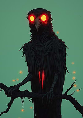 A dark crow with glowing red eyes on a branch