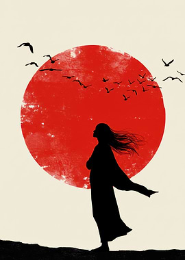 Silhouette of Woman with Red Sun