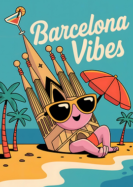 Barcelona Vibes Cartoon Beach Scene