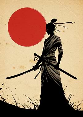 Silhouette Samurai Woman warrior with Rising Sun