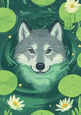 Wolf in Lily Pond Illustration