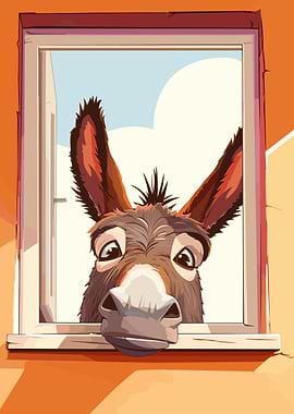 Cartoon Donkey Looking Through Window