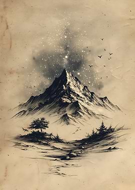 Mountain Peak Under Starry Sky Drawing