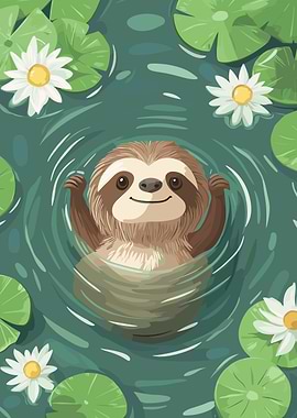Sloth Swimming in Lily Pond Illustration