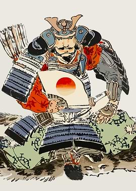 Samurai Warrior with Japanese Flag Fan
