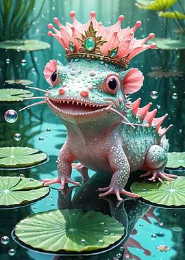 Enchanted Axolotl Prince — Mint & Pink Fantasy Amphibian with Crown