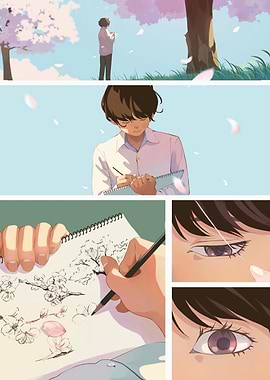 Boy drawing cherry blossoms in spring