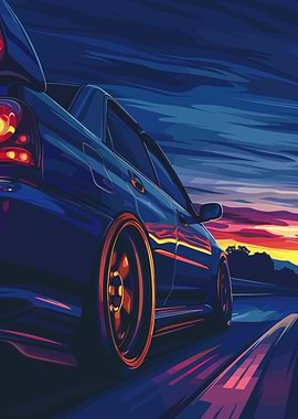 Blue Car at Sunset Digital Art