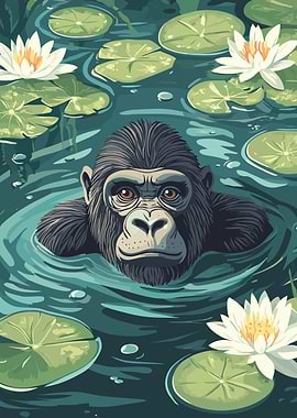 Gorilla in Water with Lily Pads