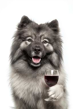 Keeshond dog holding a glass of wine
