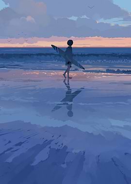 Surfer on the Beach at Sunset