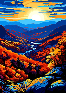 Autumn Mountain Landscape with River