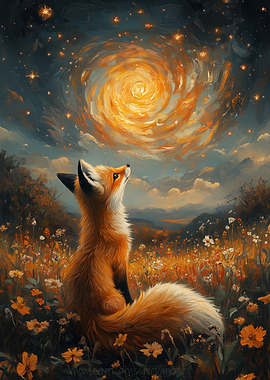 Fox Gazing at Galaxy Painting