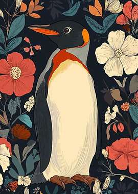 Penguin in Floral Garden Illustration
