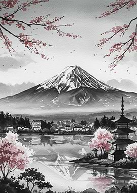 Mount Fuji Watercolor Landscape with Cherry Blossoms