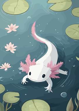 Axolotl in Pond with Lily Pads