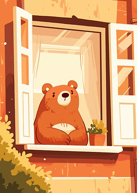 Bear Looking Out Window Illustration