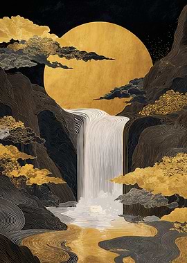 Golden Moon Waterfall Landscape Art