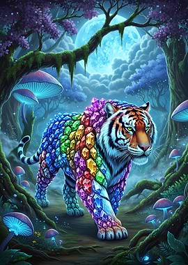 Crystal Tiger in Enchanted Moonlit Forest